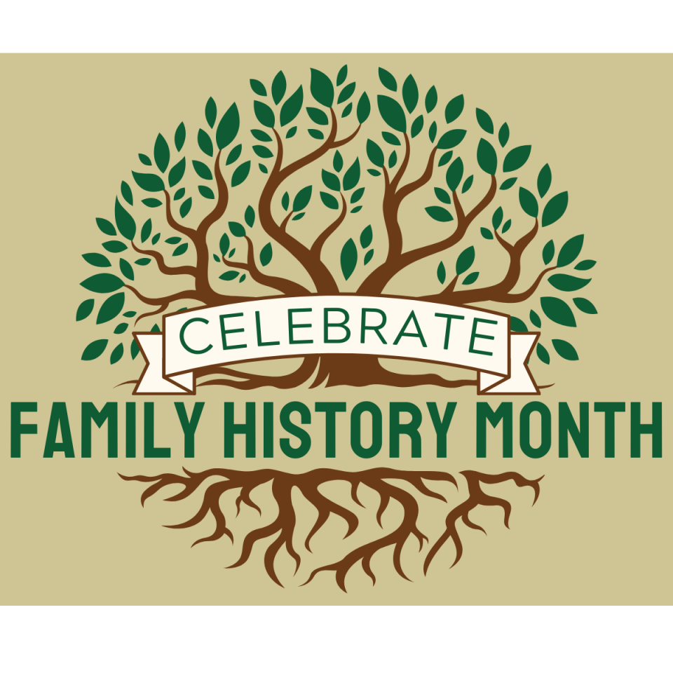 A tree with leaves and roots featuring a banner stating 'Celebrate Family History Month'