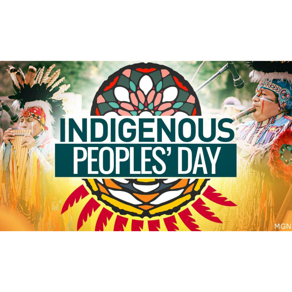 the words 'Indigenous People's Day' over images of Indigenous Peoples and symbolism