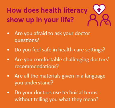 Orange graphic with text: "How does health literacy show up in your life?" Are you afraid to ask your doctor questions? Do you feel safe in health care settings? Are you comfortable challenging doctors' recommendations? Are all the materials given in a language you understand? Do your doctors use technical terms without telling you what they mean?